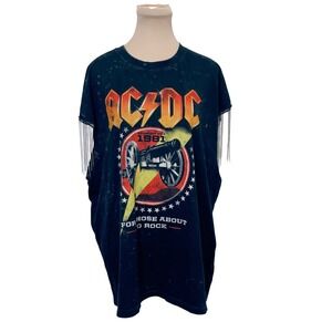 AC/DC Womens XL For Those About To Rock Graphic Tee Acid Wash Rhinestone Fringe